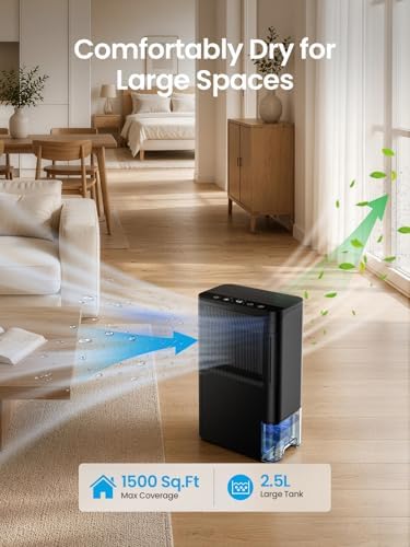 Dehumidifiers for Home, 2.5L Tank, 35dB Quiet, Continuous Draining Hose