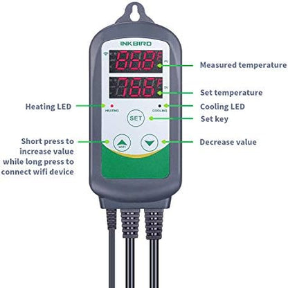 Inkbird WiFi Temperature Controller ITC308 Reptile Freezer Thermostat Digital Heating and Cooling Heater Cooler Greenhouse Plug Outlet 2 Stage 1100W 110V