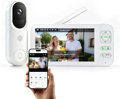 Smart Wireless Doorbell with Camera and 5-inch Monitor, WiFi Video Doorbell Intercom System with PIR Motion Detection, APP Control, Local Storage, No Subscription, Night Vision