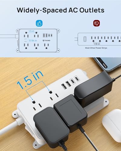 TROND 360° Rotating Flat Plug Power Strip, 3ft Extension Cord, White