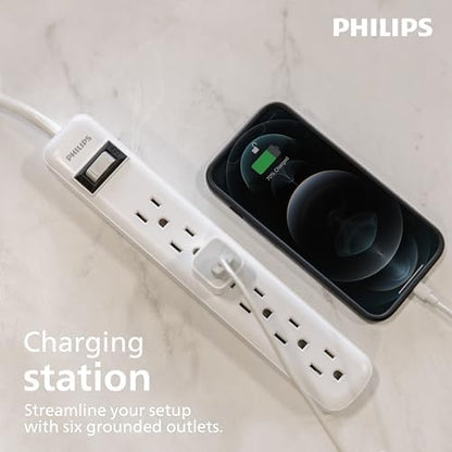 Philips Surge Protector Power Strip, 2 Ft Extension Cord