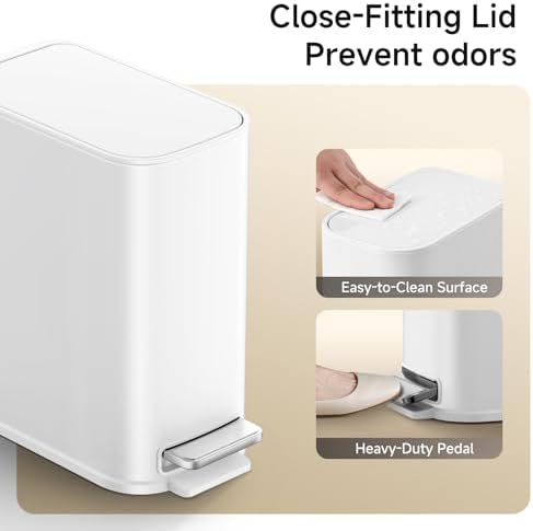 TIPGO Small Bathroom Trash Can with Lid Soft Close,1.3 Gallon, White