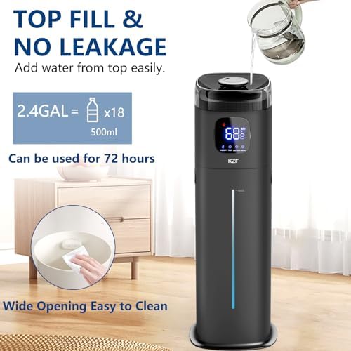 Large Humidifier for Bedroom, 9L/2.5Gallon Ultrasonic Cool Mist Humidifier with Humidistat, 360°Nozzle, 350ML/H Big Mist Level, Suitable for Kids Room Livingroom Yoga Office Plant (Black, 9, Liters)