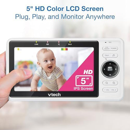 VTech Smart WiFi Baby Monitor, 2 Cameras – See Both Rooms at Home or from Anywhere, Free App, 1080p Split Screen, 5" HD Screen, Pan-Tilt-Zoom, Night Vision | VM901-2
