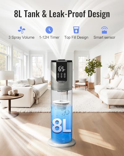 Lacidoll 8L Humidifiers for bedroom up to 500 sq ft, Easy to Clean Humidifier with Washable Parts, Ultrasonic Cool Mist Humidifier for Home Plants Baby Nursery Office, Dark Grey