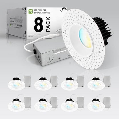 ASD 4 Inch Trimless LED Recessed Ceiling Light Fixture, Mud-in Canless Downlight with Junction Box, 5CCT 2700K-5000K, 15W 1055 Lumens, CRI90+, Anti-Glare, Dimmable, IC & Wet Rated, ETL, 8 Pack