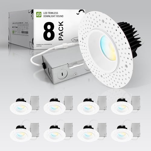 ASD 4 Inch Trimless LED Recessed Ceiling Light Fixture, Mud-in Canless Downlight with Junction Box, 5CCT 2700K-5000K, 15W 1055 Lumens, CRI90+, Anti-Glare, Dimmable, IC & Wet Rated, ETL, 8 Pack