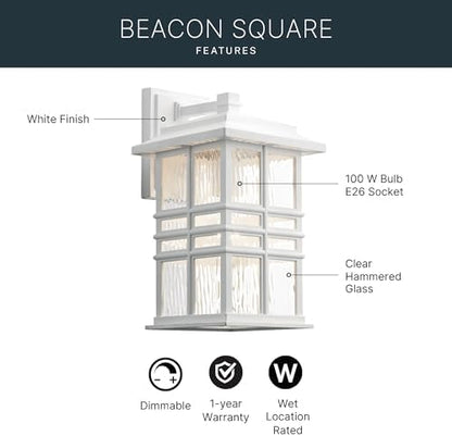 Kichler Beacon Square 14.25" Outdoor Wall Light in White, 1-Light Exterior Wall Sconce with with Clear Hammered Glass, (14.25" H x 8" W), 49830WH