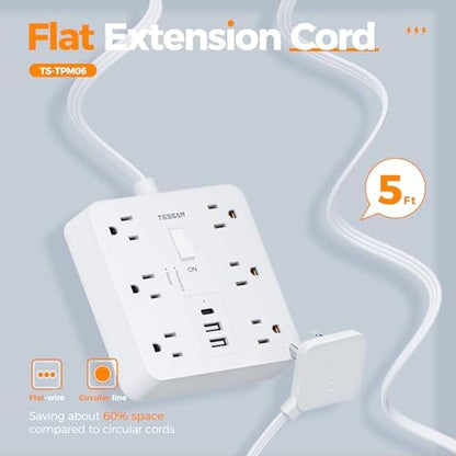 TESSAN Surge Protector Power Strip, 5Ft Flat Plug Extension Cord, White