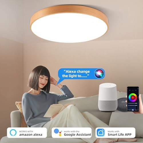 Smart Wood Flush Mount Ceiling Light with Remote 12"