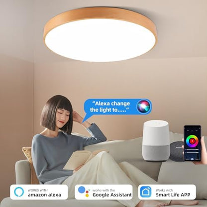Smart Wood Flush Mount Ceiling Light with Remote 12"