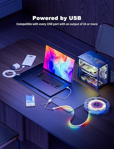 PAUTIX RGB Smart IC USB LED Light,5V RGB COB LED Strip USB Powered,UL-Listed Multicolor Flexible Tape Light 6.56ft/2m with Music Mode/APP Control,for TV,Scooter,Computer Desk Decor