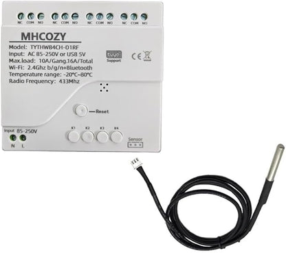 Tuya app WiFi Temperature Sensor Controller,Phone Monitor and Control Temperature Anywhere,4 Channel 110v 10A Dry Contact Relay Switch,Compatible with Alexa Google Home