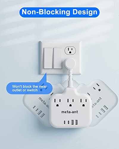 Short Extension Cord 3 Inch, Flat Plug Small Power Strip with 3 AC & 4 USB(1 USB-C), 1875W/15A, Multi Plug Outlet Extender, Non-Surge Protection for Cruise Travel Dorm Kitchen, White