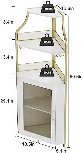 GAOMON Corner Bar Storage Cabinet, 5-Tier Farmhouse Liquor Cabinet with Glass Holder Wine Cabinet with Barn Door & Adjustable Shelf, Home Bar Storage for Home,Dining Room, Kitchen, Gold