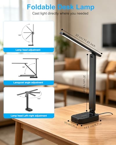LED Desk Lamp, 10Ft Power Strip with 3 Outlets 4 USB Ports(2 USB C), Black