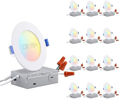 TORCHSTAR 12-Pack 5CCT 4 Inch Ultra-Thin LED Recessed Light, CRI90 9W