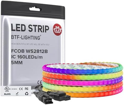 BTF-LIGHTING FCOB COB WS2812B IC RGB LED Strip DC5V 6.5FT 320LED 5mm IP30