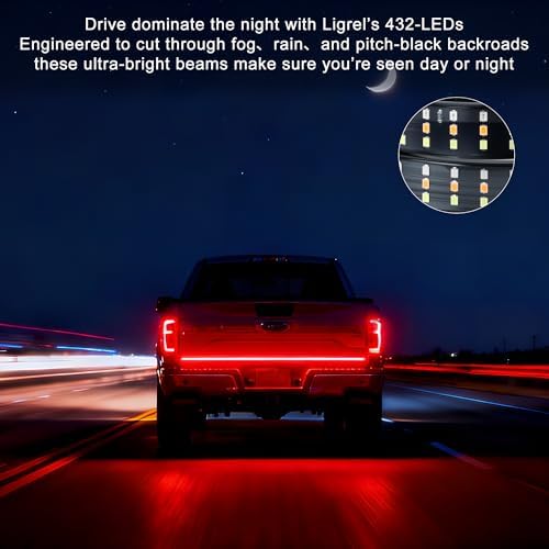 60" Tailgate Light Bar - 432 LED Triple Row Strip with Red Brake/White Reverse/Yellow Turn Signals, Sequential Strobe Effects, Waterproof Silicone for Car Pickup SUV Trailers