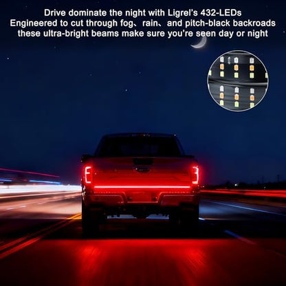 60" Tailgate Light Bar - 432 LED Triple Row Strip with Red Brake/White Reverse/Yellow Turn Signals, Sequential Strobe Effects, Waterproof Silicone for Car Pickup SUV Trailers
