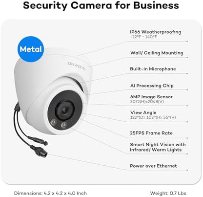 ONWOTE 6MP PoE IP Security Camera, Smart Color Night, Capture Video Audio