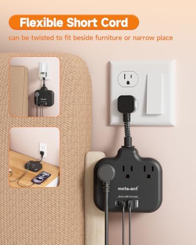 Short Extension Cord 3 Inch, Flat Plug Small Power Strip with 3 AC & 4 USB(1 USB-C), 1875W/15A, Multi Plug Outlet Extender, Non-Surge Protection for Cruise Travel Dorm Kitchen, Black