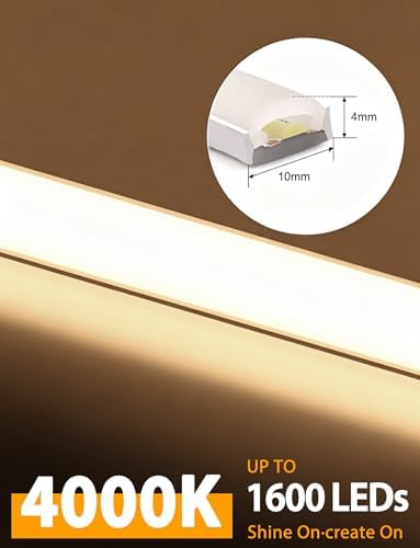 Lamomo COB LED Strip Lights, 16.4Ft Natural White Dimmable Self-Adhesive Led Rope Light with Remote, Flexible Cuttable Waterproof 4000K Silicone Neon Tape Light for Bedroom,Indoor, Cabinet, 10mm Width