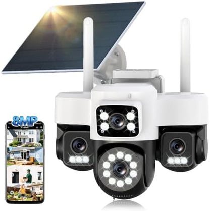 4K 12MP Solar Security Cameras Wireless Outdoor, Four Lens & 360° PTZ Linkage Camera with Solar Panel, 24/7 AOV Recording, Auto Motion Tracking, Color Night Vision, 2.4G/5G WiFi, IP66 Waterproof