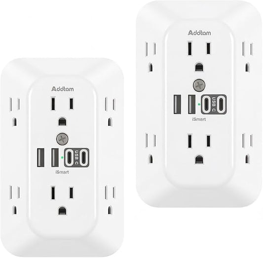 Addtam 6-Outlet Extender Surge Protector, Multi Plug Wall Outlet with 4 USB Wall Charger(2 USB C Ports), Plug Extension Outlet with 1800J, Outlet Splitter Power Strip for Home Office, 2 Pack, White