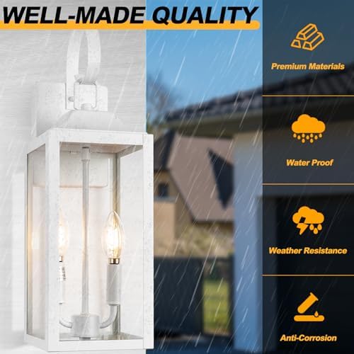 19" White Large Outdoor Wall Lantern 2-Light, Industrial Front Porch Light