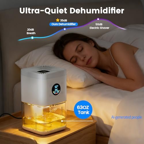 Small Dehumidifier for Bedroom – 63oz 35dB Quiet Auto Dehumidify (60/70%) & Continuous Mode for Bathroom Closet RV, Auto Defrost & Auto Shut-Off, 7-Color Flowing Night Light & Timer, Portable – White