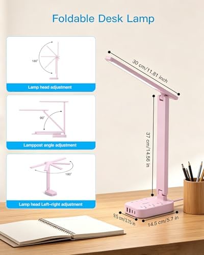 LED Desk Lamp, Power Strip with 4 USB 3 Outlets, Dorm Room Essentials, Pink