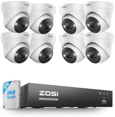 ZOSI 4K PoE Home Security Camera System with Person Vehicle Detection, 8X 4K Outdoor Indoor Cameras, 2 Way Audio, Color Night Vision, Spotlight, 8 Ports 16CH 8MP NVR with 2TB HDD for 24/7 Recording