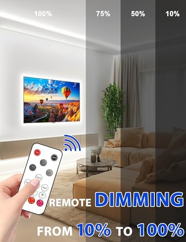 Lamomo COB LED Strip Lights, 16.4Ft White Dimmable Self-Adhesive Led Rope Light with Remote, Flexible Cuttable Waterproof 6000K Silicone Neon Tape Light for Bedroom,Indoor, Cabinet, 10mm Width