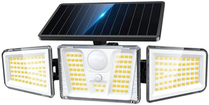 KOOPER Solar Flood Lights, 210 LED Motion Sensor Outdoor Lights, Solar Motion Lights Outdoor Waterproof, 3 Heads 300° Wide Angle Outdoor Security Lights for Yard Patio Garage Entryways, 1 Pack, Black