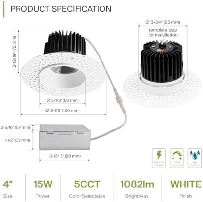 ASD 4 Inch Trimless LED Recessed Ceiling Light Fixture, 120-277V Multi-Voltage Commercial Downlight, 15W 1082 Lumens, 5CCT 2700K-5000K, 0-10V Dimmable, CRI90+, Anti-Glare, IC & Wet Rated, ETL