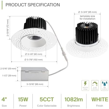 ASD 4 Inch Trimless LED Recessed Ceiling Light Fixture, 120-277V Multi-Voltage Commercial Downlight, 15W 1082 Lumens, 5CCT 2700K-5000K, 0-10V Dimmable, CRI90+, Anti-Glare, IC & Wet Rated, ETL