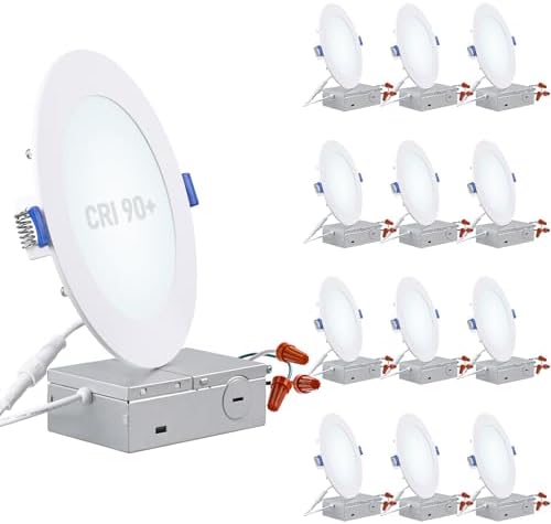 TORCHSTAR 12-Pack 6 Inch Ultra-Thin LED Recessed Light, CRI90 12W, 5000K