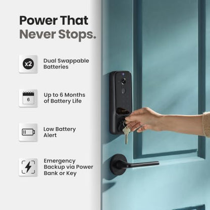 Lockin Veno Plus - All-in-One Smart Lock - Palm Vein & Fingerprint Keyless Entry - 2K 180° Ultra-Wide Camera, Night Vision, Built-in WiFi & 8GB Storage - No Monthly Fee - Dual Batteries