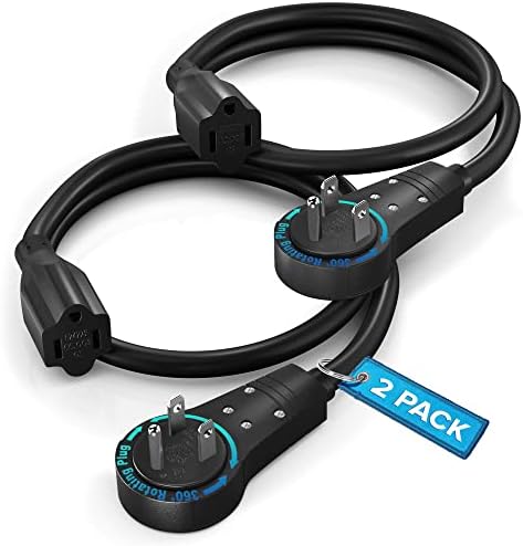 Maximm 0.5 Ft 360 Rotating Flat Plug Extension Cord, 14 AWG, Black, UL, 2 Pack