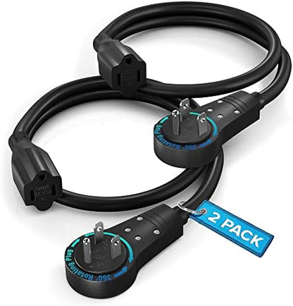 Maximm 0.5 Ft 360 Rotating Flat Plug Extension Cord, 14 AWG, Black, UL, 2 Pack
