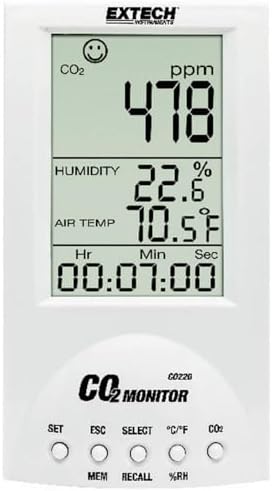 Extech CO220 - Desktop Indoor Air Quality CO2 Monitor – Measures CO2, Temperature, Humidity, Dew Point & Wet Bulb – NDIR Sensor, 99‑Point Memory, Audible Alarm