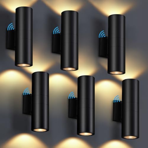 DAKAFUL Dusk to Dawn Outdoor Lighting Sensor Wall Lights 6 Packs, 12W 2700K Integrated LED Cylinder Up Down Lights Outdoor, IP65 Waterproof Aluminum Wall Sconce Exterior Wall Light for Porch Patio.