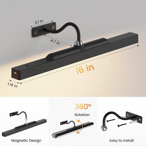 Dimmable Cordless Picture Light for Wall 16in, 5000mAh Rechargeable Battery Wall Sconce Art Light, CRI 95+ 350LM Wall Light for Gallery Artwork, Paintings, Photo,Portraits - Black