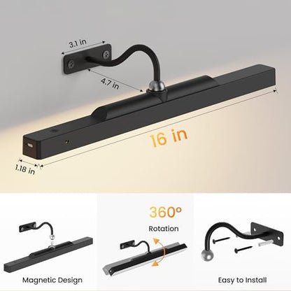 Dimmable Cordless Picture Light for Wall 16in, 5000mAh Rechargeable Battery Wall Sconce Art Light, CRI 95+ 350LM Wall Light for Gallery Artwork, Paintings, Photo,Portraits - Black