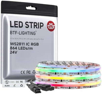 BTF-LIGHTING IP66 RGB WS2811 Smart IC FCOB COB LED Strip, UL Listed 864LEDs/m High Density Color Chasing Uniform Light, DC24V 9.8FT 12mm Width Tape Light for Home DIY Decor(No Adapter or Controller)