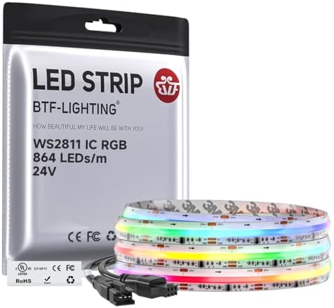 BTF-LIGHTING IP66 RGB WS2811 Smart IC FCOB COB LED Strip, UL Listed 864LEDs/m High Density Color Chasing Uniform Light, DC24V 9.8FT 12mm Width Tape Light for Home DIY Decor(No Adapter or Controller)
