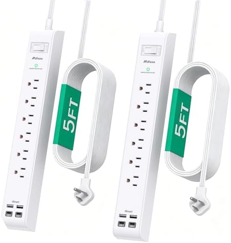2 Pack Power Strip, Extension Cord 5FT, Surge Protector with 6 Outlets and 4 USB Ports (2 USB C), Flat Plug Overload Protection, Extension Cord with Multiple Outlets, Wall Mount for Home Dorm College