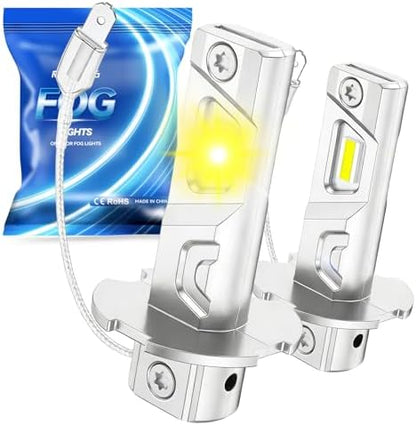 Marsauto H3 LED Bulb Yellow, 12,000LM Super Bright H3 Yellow LED Fog Light Bulbs, 6000K Cool White Fit for Fog Lights & DRL, Plug-Play Canbus Ready, Pack of 2