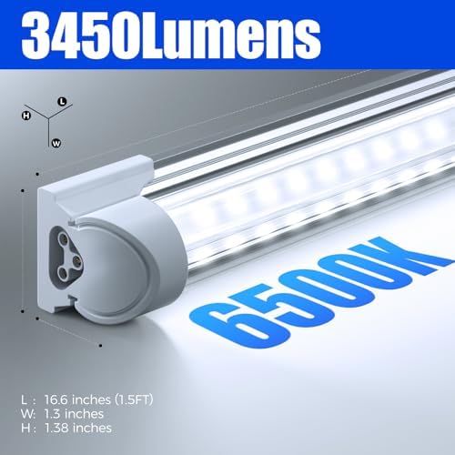 Barrina T8 LED Shop Lights 1.5FT, 25W 3450LM 6500K, 2 Pack High Output Tube